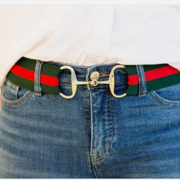 Ellany Kingston Gold Snaffle Belt Elastic Riding Stripe Buckle One Size 2” Wide - Picture 1 of 11